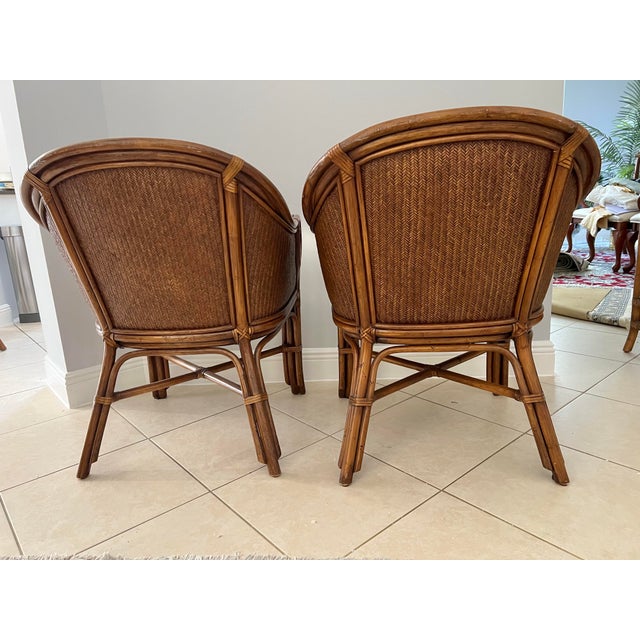 Vintage Tommy Bahama Style Bamboo Wicker Arm Chairs - A Pair For Sale - Image 9 of 9