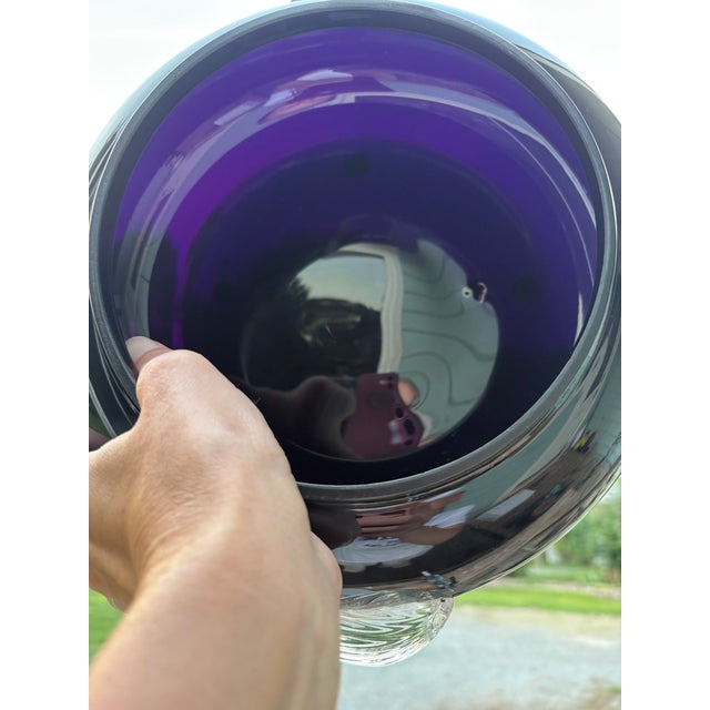 Hand-Blown Black Amethyst Vase Clear Swirled Handles Two's Company Vase Hand-Blown Black Amethyst Clear Swirled Handles For Sale - Image 9 of 9