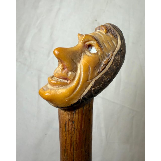 Wood Antique 1800's Hand Carved Nut Wood Sterling Silver Man Face Walking Stick Cane For Sale - Image 7 of 17
