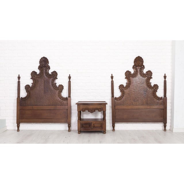 1960s Carved Dark Wood Single Headboards with Nightstand by Muebles Almazán, Spain, 1960s, Set of 3 For Sale - Image 5 of 9