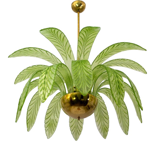 Mid-Century Modern Palm Leaf Chandelier in Murano Glass and Brass from Maestri Muranesi, 2000 For Sale