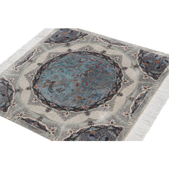 Rug & Kilim Rug & Kilim’s Modern Square Rug in Silver, Black, Blue With Medallion “Shekar” For Sale - Image 4 of 8