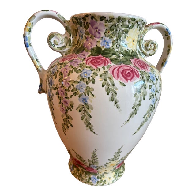 1980's Tabletops Unlimited English Garden by Don Swanson Hand Painted Double Handle Vase For Sale