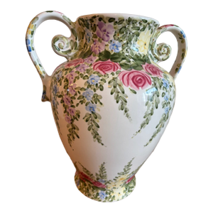 1980's Tabletops Unlimited English Garden by Don Swanson Hand Painted Double Handle Vase