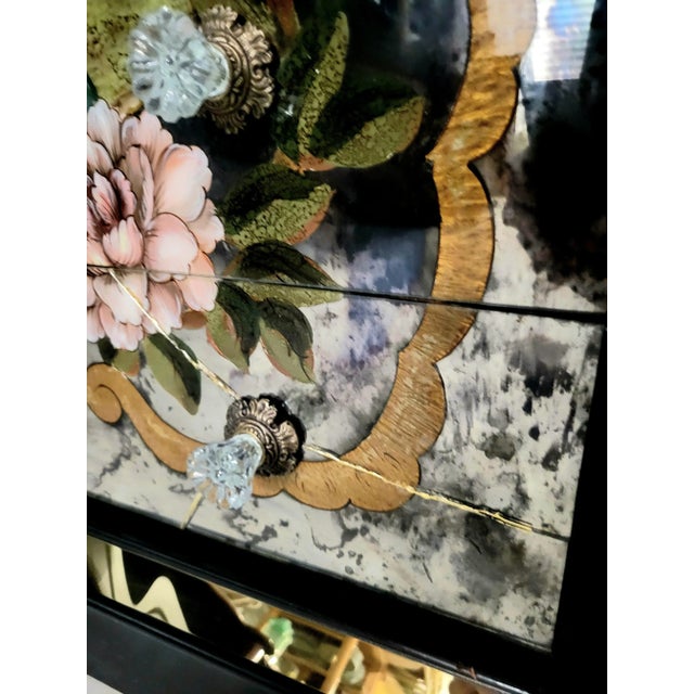 Rare Vintage Oversized Chinoiserie Emperor Verre Eglomise Black Mirrored Brass Painted 4 Drawer Chests Commodes- A Pair For Sale - Image 13 of 18