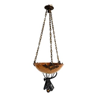 Italian Art Deco Alabaster Hanging Light with Wrough Iron Dagonfly and Chain, 1920s For Sale