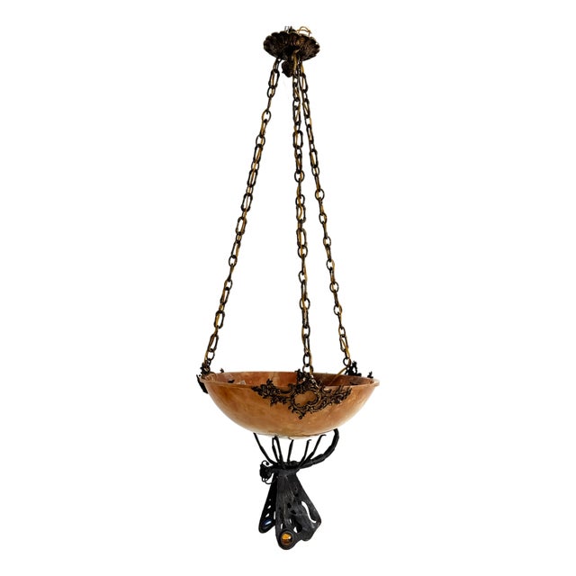Italian Art Deco Alabaster Hanging Light with Wrough Iron Dagonfly and Chain, 1920s For Sale
