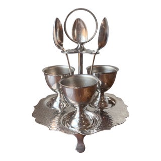 1930’s Manco Reg Made in England Electroplated Silver Egg Cruet Set, Holder, Apostle Spoons and Single Egg Cups For Sale