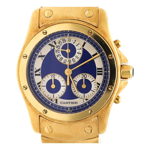 Vintage Cartier Ronde Blue Chronograph 18k Gold 30mm Watch For Sale