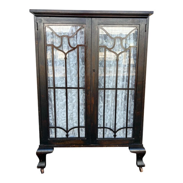 Antique Pie Safe or Book Cabinet Glass Doors & Wheels For Sale