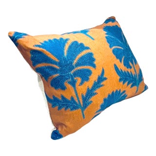 Cerulean Blue on Tan Suzani Pillow - Down Filled For Sale