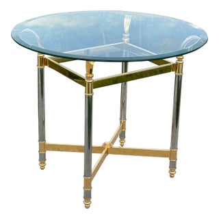 Mid-Century Hollywood Regency Maison Jansen Style Polished Chrome & Brass Glass Top End Table For Sale