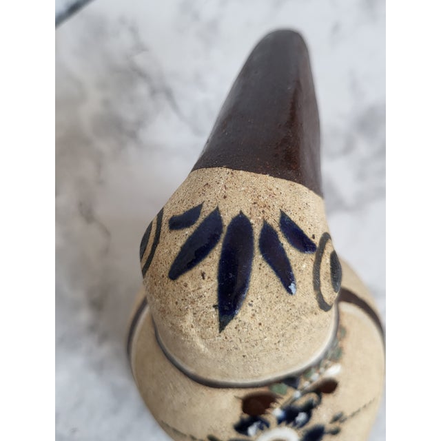 1990s Handcrafted Stoneware Bird Figurine With Brown Beak and Floral Details 4" Long Tonala Mexico For Sale - Image 4 of 12