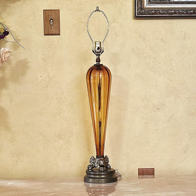 Metal Vintage Murano Amber Art Glass Table Lamp | Neoclassical Italian Style | 1960s For Sale - Image 7 of 18