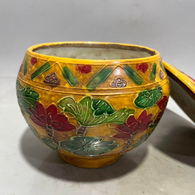 Chinoiserie Yellow Ground Raised Enamel Mandarin Duck & Lotus Porcelain Lidded Jar, Chinoiserie Canister For Sale - Image 3 of 8