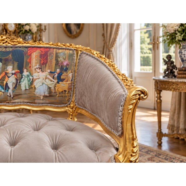 Wood 1975 French Artisan Louis XVI Gold Velvet Settee For Sale - Image 7 of 8