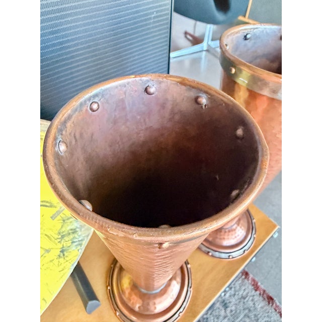 Antique Arts & Crafts Riveted Copper Trumpet Vases Pair Joseph Heinrichs Benedict Art Studio Attr. For Sale - Image 9 of 14
