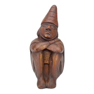 Peruvian Figural Wood Carved Sculpture After Moche Stirrup Vessel, Dreamer For Sale