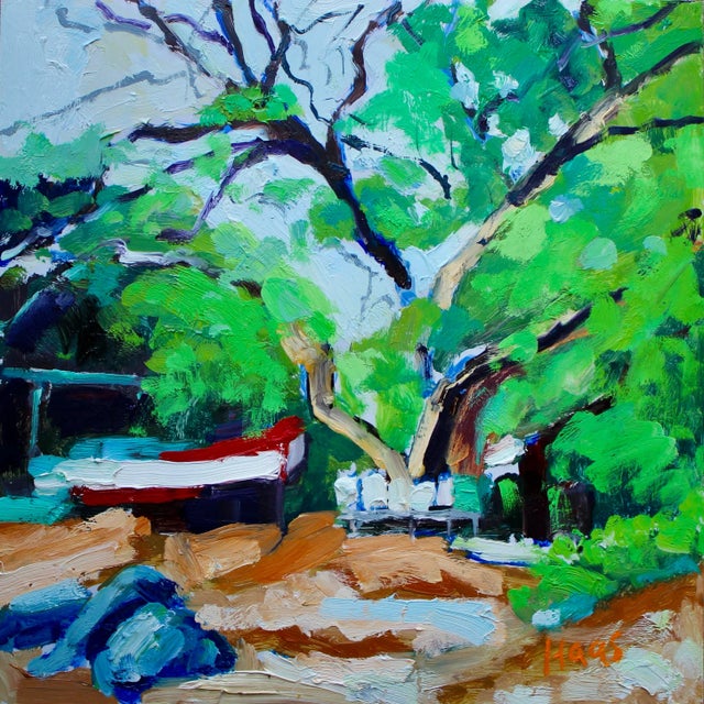 Joe's Boat and the Monkeypod Tree - Oil Impressionist Painting For Sale