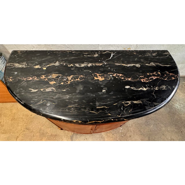 Antique French Style Inlaid Wood Carved Marble Top Demilune Server For Sale - Image 4 of 14