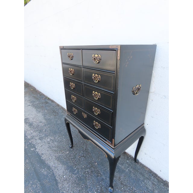 Drexel Painted Black Silver Jewelry Chest Lingerie Cabinet Queen Anne Legs 6330 For Sale - Image 13 of 17