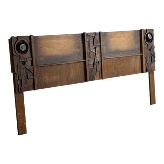 Attributed Lane Brutalist King Headboard Wood Bed Frame With Integrated Lights 1960s For Sale