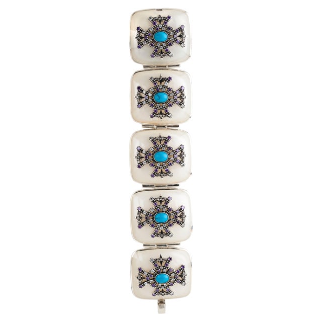 Miriam Salat Morrish Link Resin & Sterling Silver Bracelet Set With White Topaz For Sale - Image 10 of 18