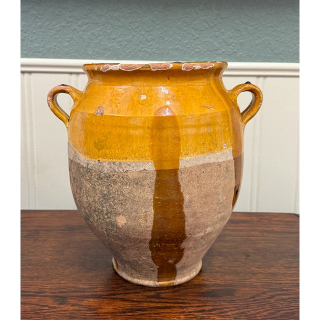 Antique French Country Confit Pot Pottery Jug Glazed Ochre Yellow Large For Sale - Image 12 of 16