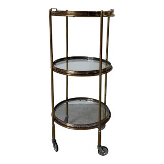 1970’s Maison Jansen Style Italian Hollywood Regency Brass & Glass Three-Tier Rolling Bar Cart With Removable Trays For Sale
