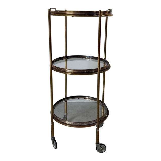 1970’s Maison Jansen Style Italian Hollywood Regency Brass & Glass Three-Tier Rolling Bar Cart With Removable Trays For Sale