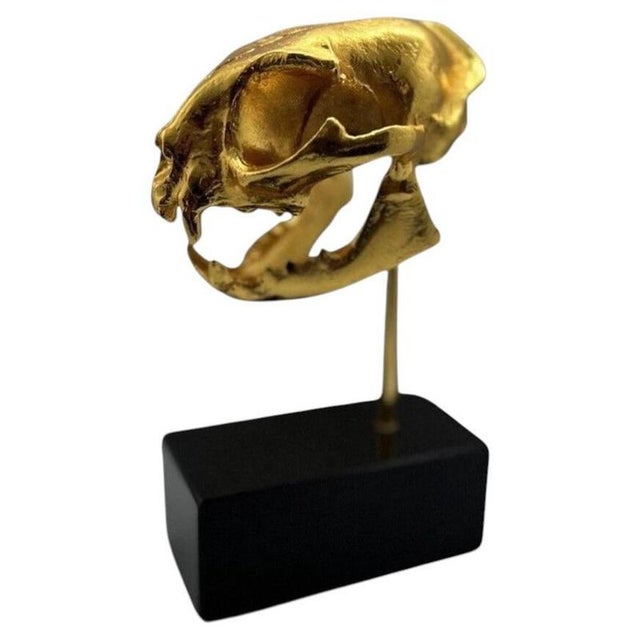 Golden Cat Skull Desk Sculpture on Black Marble Base For Sale - Image 11 of 11