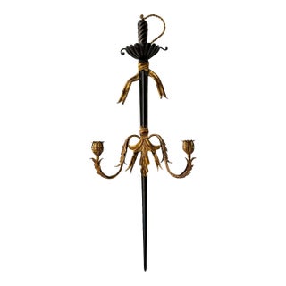 Hollywood Regency Gilt Iron Sword Form Two Arm Candle Wall Sconce, 36”h For Sale