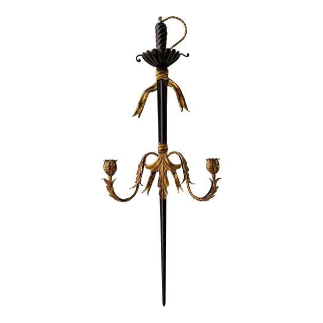 Hollywood Regency Gilt Iron Sword Form Two Arm Candle Wall Sconce, 36”h For Sale