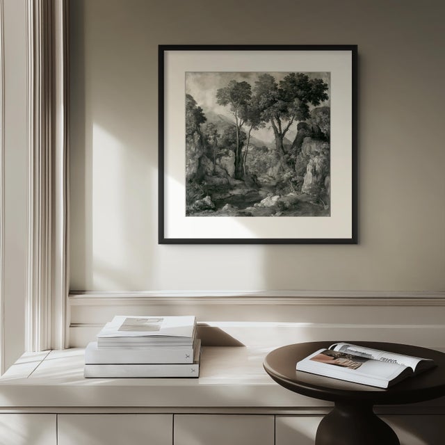 Contemporary 14" X 14" Grisaille Landscape Original Print 16th Century Style / Black and White For Sale - Image 3 of 4