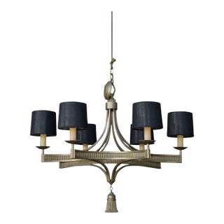 Modern Hollywood Regency Style Gilt Metal 6 Arm Chandelier With Giltwood Tassel For Sale
