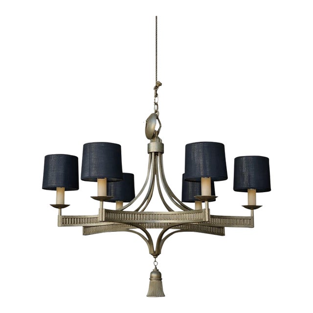 Modern Hollywood Regency Style Gilt Metal 6 Arm Chandelier With Giltwood Tassel For Sale