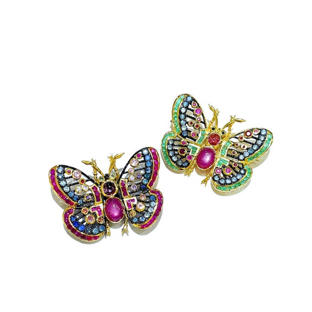 Bochic "Orient" Ruby, Multi Sapphires & Spinal Brooch Set In 18K Gold & Silver For Sale - Image 12 of 14