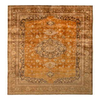 Hand-Knotted Antique Hereke Rug in Golden Beige-Brown Medallion Pattern For Sale