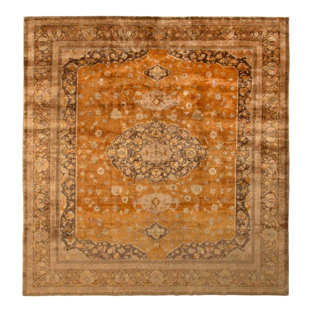 Hand-Knotted Antique Hereke Rug in Golden Beige-Brown Medallion Pattern For Sale