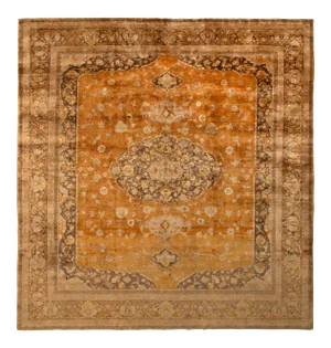 Hand-Knotted Antique Hereke Rug in Golden Beige-Brown Medallion Pattern