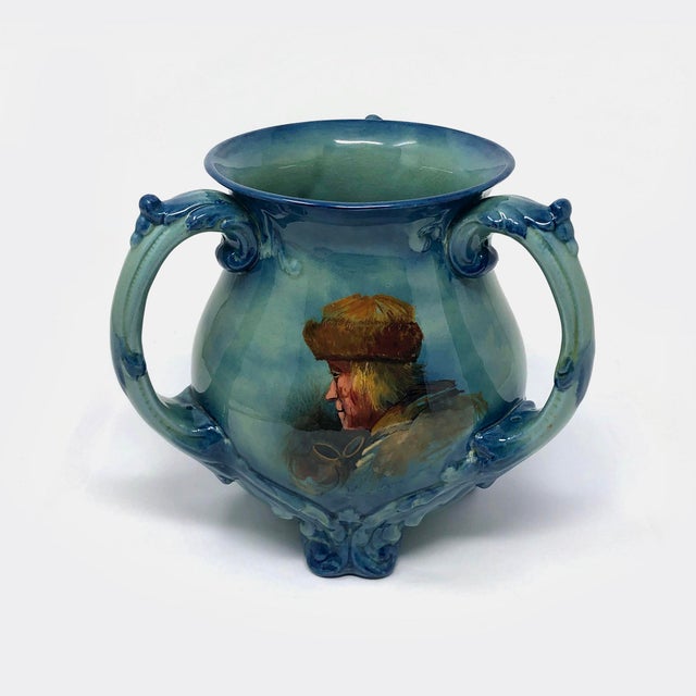 This antique Cyprian Ware English 3 handled vase is in good condition as pictured with some chips on the inside (see last...