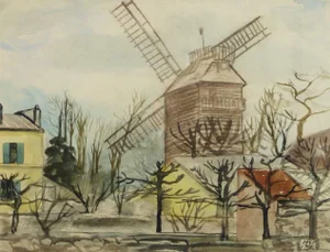 R. Holstein, Vintage French Watercolor Landscape - Moulin De La Galette, Paris
