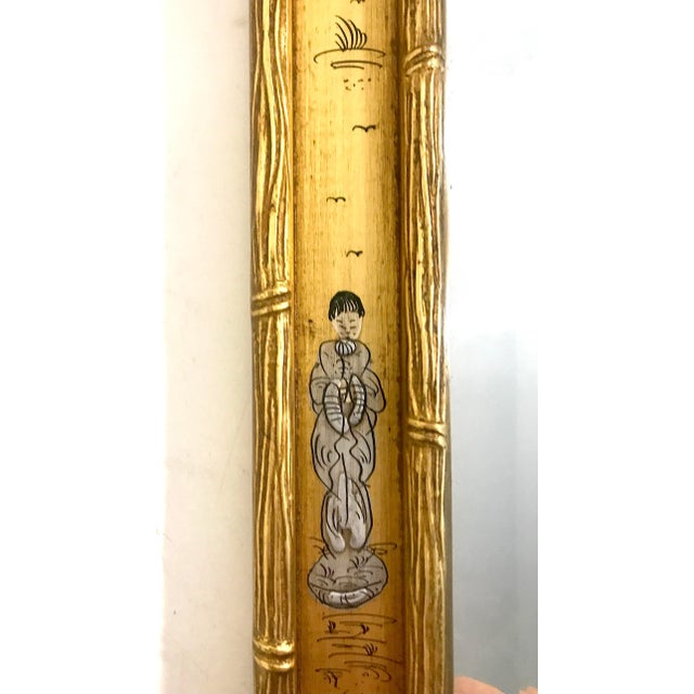Wood Vintage Chinoiserie Rectangular Faux Bamboo Gilt La Barge Style Wall Mirror, Miniature Hand Painted Figures & Landscapes For Sale - Image 7 of 8