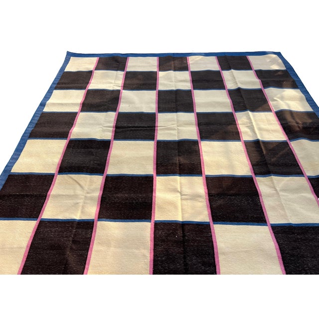 Textile Handmade Reversible Cotton Vegetable Dyed Cream, Brown and Blue Checker Board Area Rug-8'x8' For Sale - Image 7 of 12