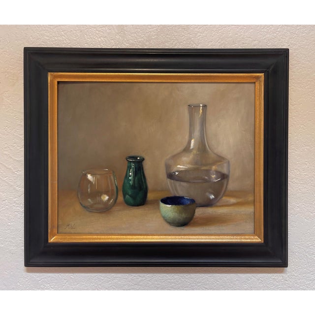 This oil on board painting features a serene arrangement of four vessels, each showcasing distinct shapes and textures...