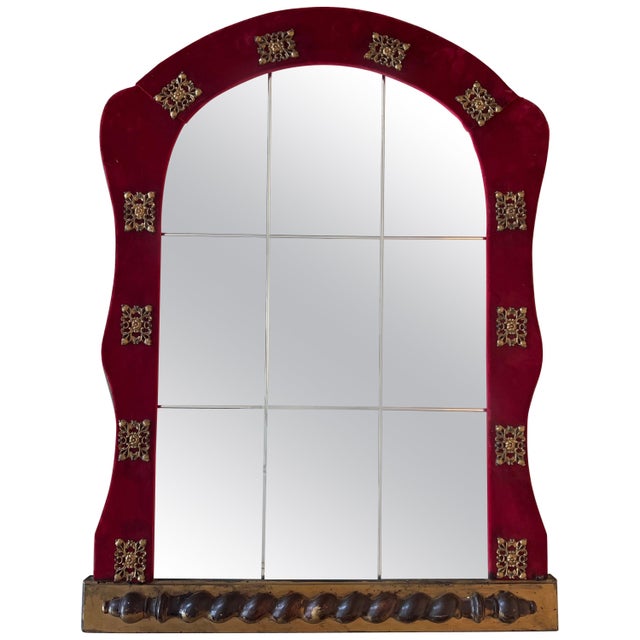 Spanish Neoclassical Wall Mirror with Antique Red Velvet Frame with bronze For Sale - Image 15 of 18