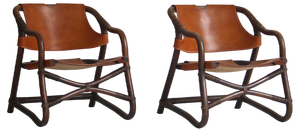 Set of Danish Modern Oak Stained Bamboo and Saddle Leather Manilla Armchairs
