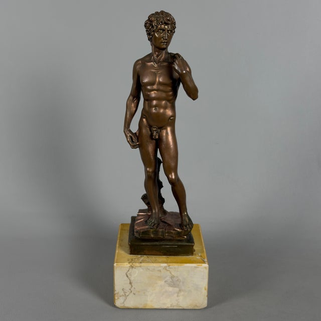 Sculpture of David in Bronzed Metal on Marble Base after Michelangelo, 20th Century For Sale - Image 5 of 13