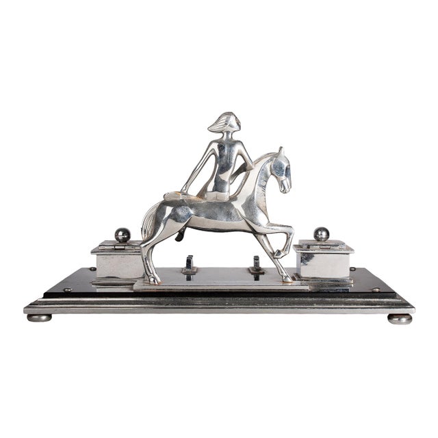 Early 20th Century French Art Déco Metal Desk Tidy With Woman Horseriding, Pen Holder and a Pair of Inkwells For Sale - Image 4 of 8