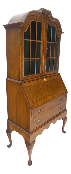 Very Fine Compact Burl Wood Queen Ann Secretary Desk Bookcase Dresser Drawers